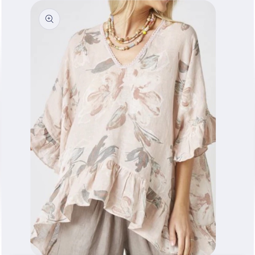 ANGELA MARA Linen Floral Ruffle Hem Top Size Medium
